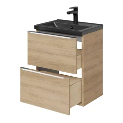 GoodHome Meuble vasque suspendu faible profondeur effet chêne l.50 cm Imandra + plan vasque noir céramique Nira,* Meuble De Salle De Bains Faible Profondeur|Meuble Vasque