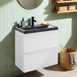 GoodHome Meuble vasque suspendu faible profondeur blanc mat l.60 cm Imandra + plan vasque noir céramique Nira,* Meuble De Salle De Bains Faible Profondeur