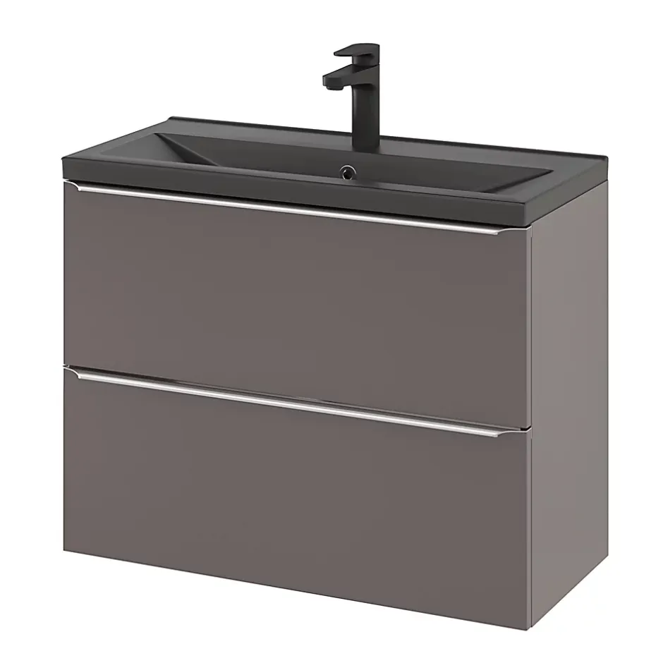 GoodHome Meuble vasque suspendu faible profondeur gris taupe brillant l.80 cm Imandra + plan vasque noir céramique Nira,