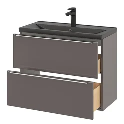 GoodHome Meuble vasque suspendu faible profondeur gris taupe brillant l.80 cm Imandra + plan vasque noir céramique Nira,