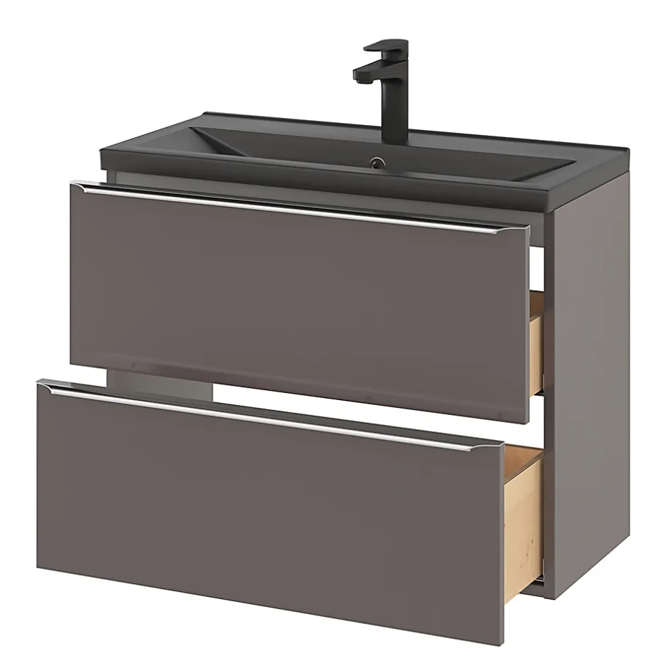 GoodHome Meuble vasque suspendu faible profondeur gris taupe brillant l.80 cm Imandra + plan vasque noir céramique Nira,