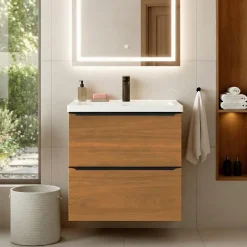 GoodHome Meuble vasque suspendu faible profondeur effet noyer l.60 cm Imandra + plan vasque blanc céramique Nira,* Meuble De Salle De Bains Faible Profondeur|Meuble Vasque