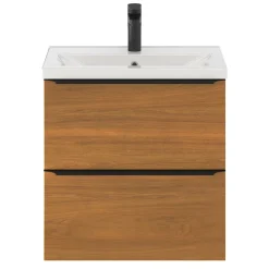 GoodHome Meuble vasque suspendu faible profondeur effet noyer l.60 cm Imandra + plan vasque blanc céramique Nira,* Meuble De Salle De Bains Faible Profondeur|Meuble Vasque