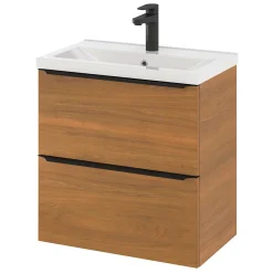 GoodHome Meuble vasque suspendu faible profondeur effet noyer l.60 cm Imandra + plan vasque blanc céramique Nira,* Meuble De Salle De Bains Faible Profondeur|Meuble Vasque