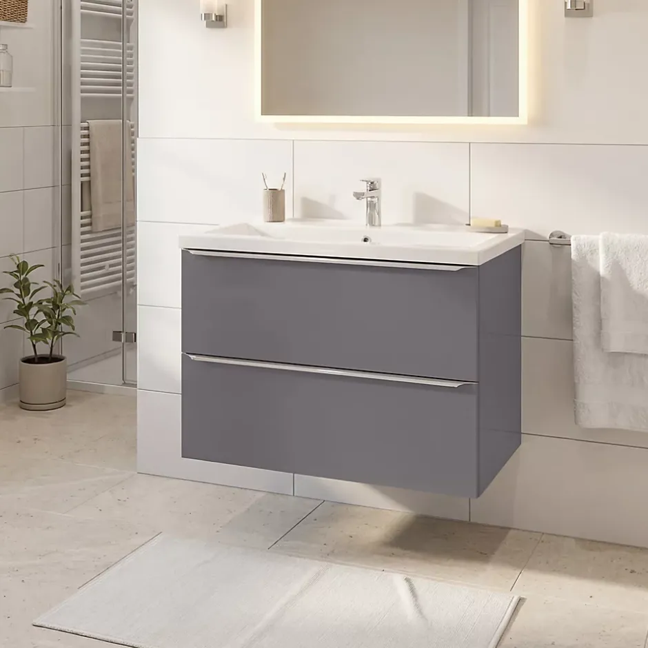 GoodHome Meuble vasque suspendu faible profondeur gris brillant l.80 cm Imandra + plan vasque blanc céramique Nira,* Meuble Vasque|Meuble De Salle De Bains Faible Profondeur