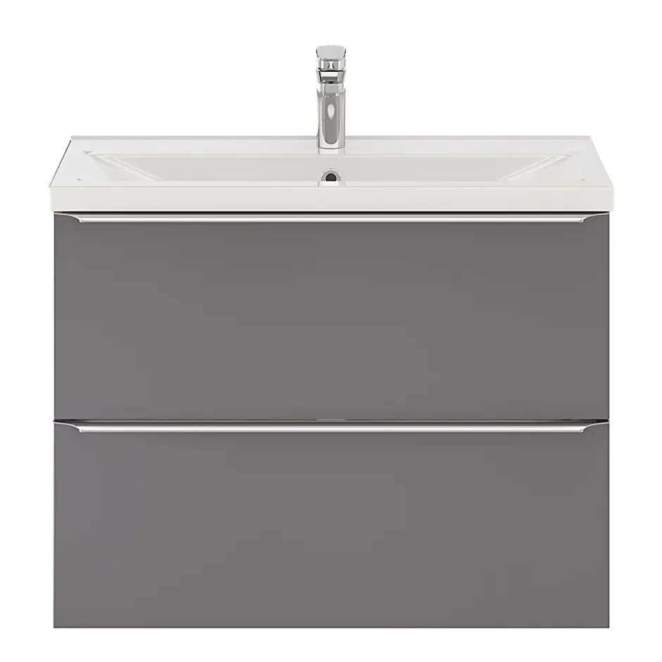 GoodHome Meuble vasque suspendu faible profondeur gris brillant l.80 cm Imandra + plan vasque blanc céramique Nira,* Meuble Vasque|Meuble De Salle De Bains Faible Profondeur
