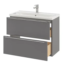 GoodHome Meuble vasque suspendu faible profondeur gris brillant l.80 cm Imandra + plan vasque blanc céramique Nira,* Meuble Vasque|Meuble De Salle De Bains Faible Profondeur