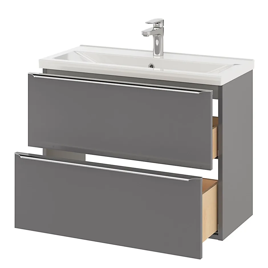 GoodHome Meuble vasque suspendu faible profondeur gris brillant l.80 cm Imandra + plan vasque blanc céramique Nira,* Meuble Vasque|Meuble De Salle De Bains Faible Profondeur