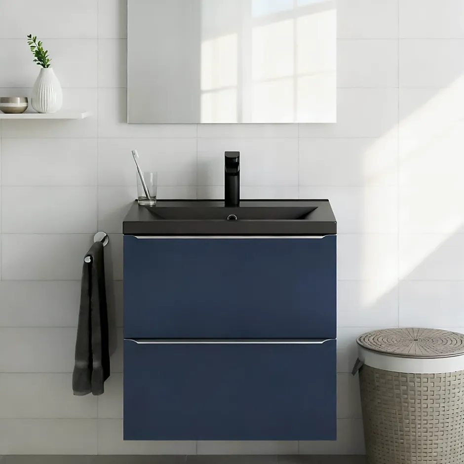 GoodHome Meuble vasque suspendu faible profondeur bleu nuit mat l.60 cm Imandra + plan vasque noir céramique Nira,