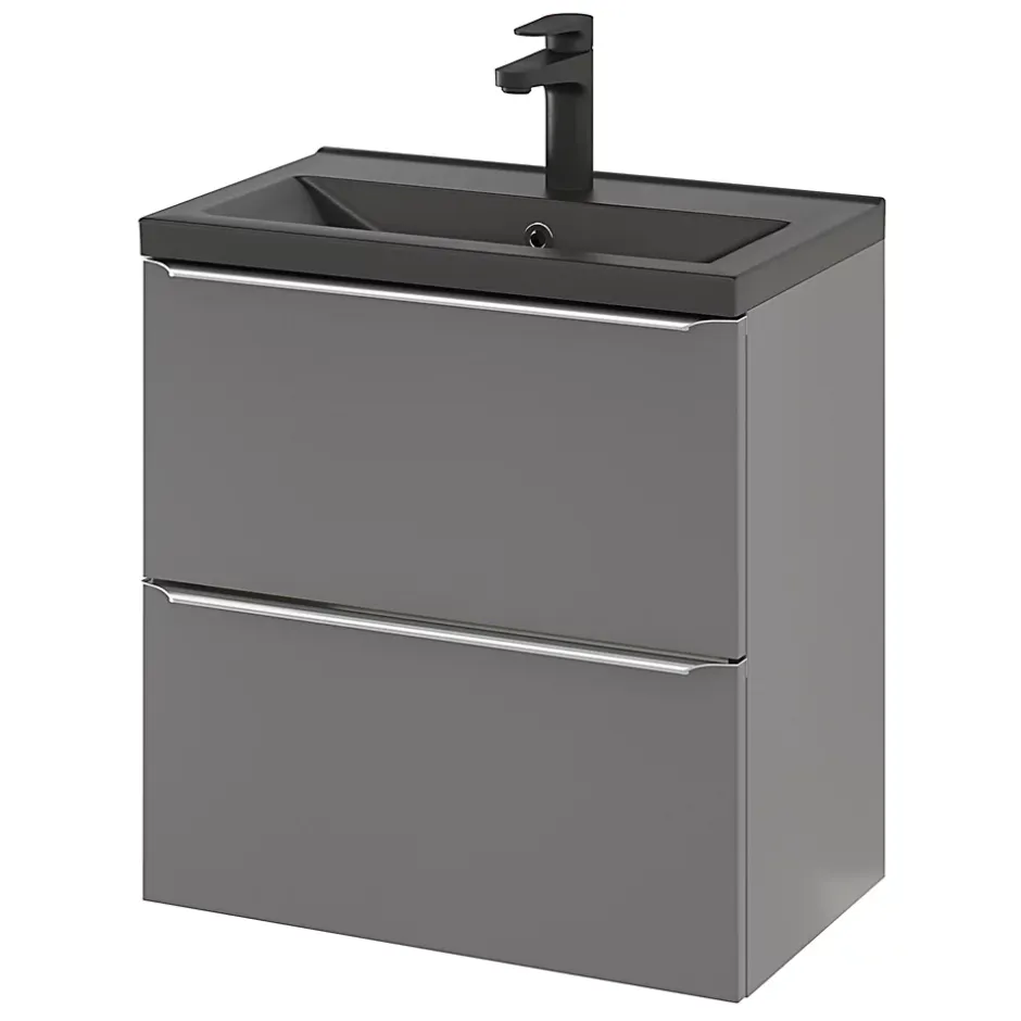 GoodHome Meuble vasque suspendu faible profondeur gris brillant l.60 cm Imandra + plan vasque noir céramique Nira,* Meuble De Salle De Bains Faible Profondeur