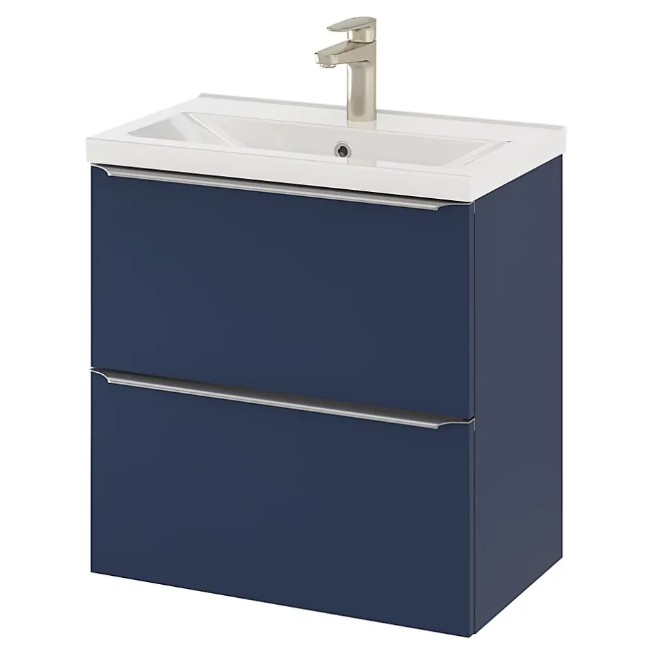 GoodHome Meuble vasque suspendu faible profondeur bleu nuit mat l.60 cm Imandra + plan vasque blanc céramique, Nira* Meuble De Salle De Bains Faible Profondeur|Meuble Vasque