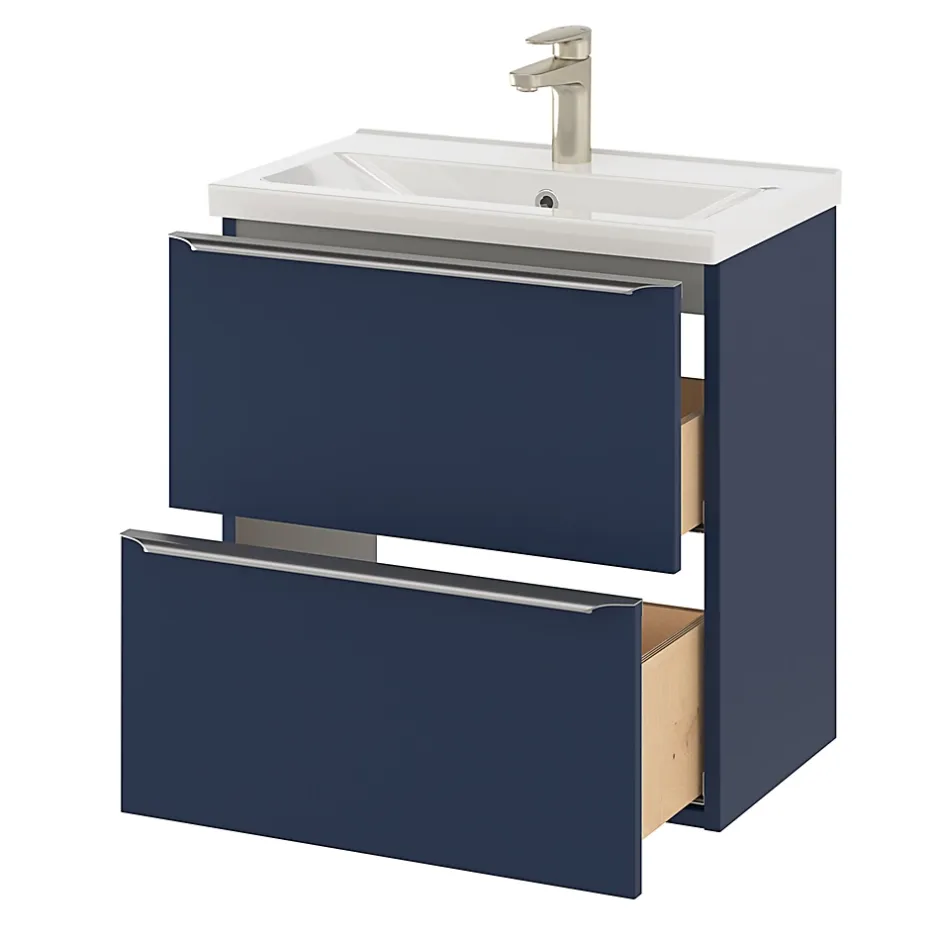 GoodHome Meuble vasque suspendu faible profondeur bleu nuit mat l.60 cm Imandra + plan vasque blanc céramique, Nira* Meuble De Salle De Bains Faible Profondeur|Meuble Vasque