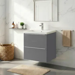 GoodHome Meuble vasque suspendu faible profondeur gris brillant l.50 cm Imandra + plan vasque blanc céramique Nira,