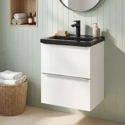 GoodHome Meuble vasque suspendu faible profondeur blanc brillant l.50 cm Imandra + plan vasque noir céramique Nira,* Meuble De Salle De Bains Faible Profondeur