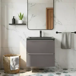 GoodHome Meuble vasque suspendu faible profondeur gris taupe brillant l.60 cm Imandra + plan vasque noir céramique Nira,* Meuble De Salle De Bains Faible Profondeur