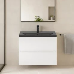 GoodHome Meuble vasque suspendu faible profondeur blanc brillant l.80 cm Imandra + plan vasque noir céramique Nira,