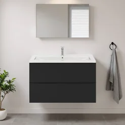 GoodHome Meuble vasque suspendu noir mat l.100 cm Imandra + plan vasque blanc céramique Nira,