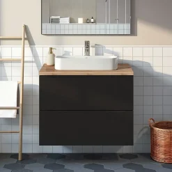 GoodHome Meuble vasque suspendu noir mat l.80 cm Imandra + plan de toilette effet chêne,* Meuble Buanderie|Meuble Vasque