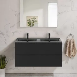 GoodHome Meuble vasque suspendu noir mat l.120 cm Imandra + plan double vasque noir céramique Nira,* Meuble Vasque