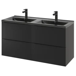 GoodHome Meuble vasque suspendu noir mat l.120 cm Imandra + plan double vasque noir céramique Nira,* Meuble Vasque