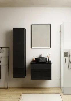 Ipiemme SRL Meuble vasque suspendu noir mat et verre fumé l.60 cm + plan de toilette noir mat, Pura+