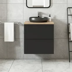 GoodHome Meuble vasque suspendu noir mat l.60 cm Imandra + plan de toilette effet chêne,* Meuble Vasque|Meuble Buanderie