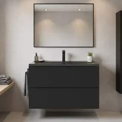 GoodHome Meuble vasque suspendu noir mat l.100 cm Imandra + plan vasque noir céramique Nira,
