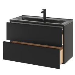 GoodHome Meuble vasque suspendu noir mat l.100 cm Imandra + plan vasque noir céramique Nira,