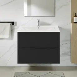 GoodHome Meuble vasque suspendu noir mat l.80 cm Imandra + plan vasque blanc céramique Nira,