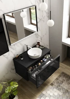 Ipiemme SRL Meuble vasque suspendu noir mat et verre fumé l.90 cm + plan de toilette noir mat, Pura+