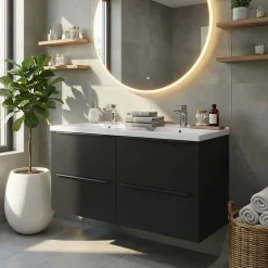 GoodHome Meuble vasque suspendu noir mat l.120 cm Imandra + plan double vasque blanc céramique Nira,* Meuble Vasque