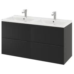 GoodHome Meuble vasque suspendu noir mat l.120 cm Imandra + plan double vasque blanc céramique Nira,* Meuble Vasque