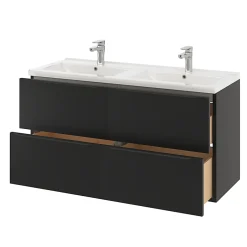 GoodHome Meuble vasque suspendu noir mat l.120 cm Imandra + plan double vasque blanc céramique Nira,* Meuble Vasque