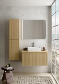 Ipiemme SRL Meuble vasque suspendu plaqué chêne miel strié l.90 cm + plan de toilette plaqué chêne miel, Pura+* Meuble Buanderie
