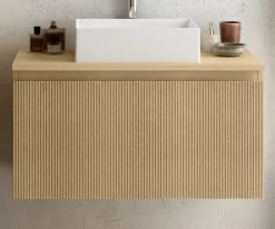 Ipiemme SRL Meuble vasque suspendu plaqué chêne miel strié l.90 cm + plan de toilette plaqué chêne miel, Pura+* Meuble Buanderie