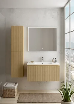 Ipiemme SRL Meuble vasque suspendu plaqué chêne miel strié l.90 cm + plan vasque blanc mat résine, Pura+* Meuble Vasque