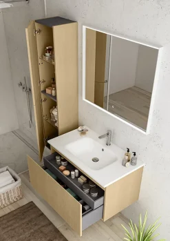 Ipiemme SRL Meuble vasque suspendu plaqué chêne miel strié l.90 cm + plan vasque blanc mat résine, Pura+* Meuble Vasque
