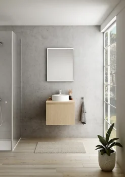 Ipiemme SRL Meuble vasque suspendu plaqué chêne clair strié l.60 cm + plan de toilette plaqué chêne clair, Pura+* Meuble Buanderie