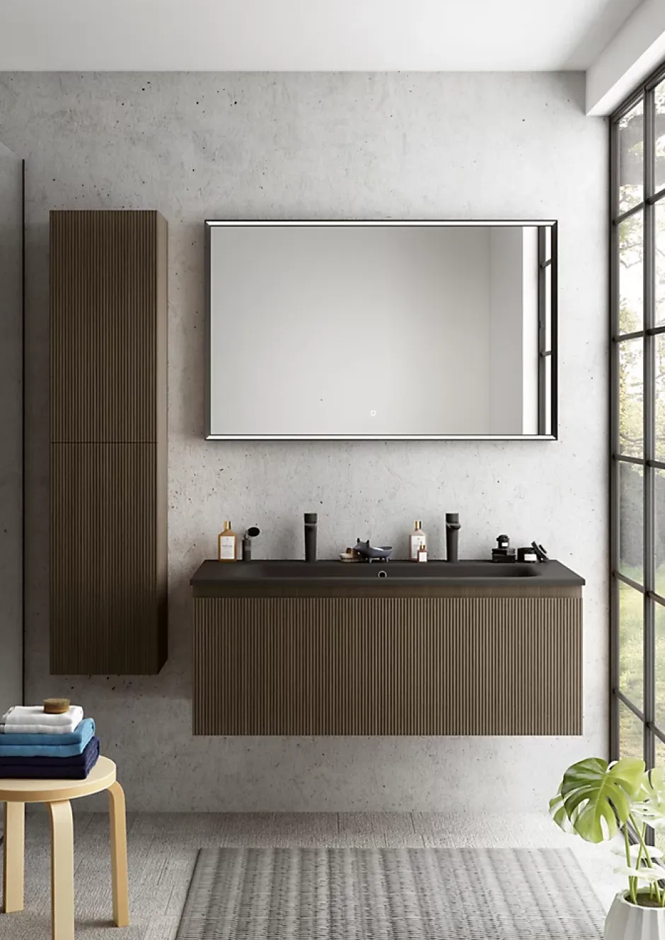 Ipiemme SRL Meuble vasque suspendu plaqué noyer strié l.120 cm + plan vasque noir mat résine pour 2 robinets, Pura+
