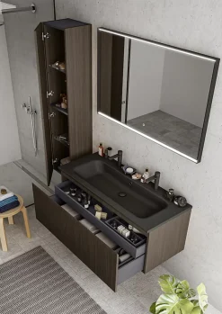 Ipiemme SRL Meuble vasque suspendu plaqué noyer strié l.120 cm + plan vasque noir mat résine pour 2 robinets, Pura+
