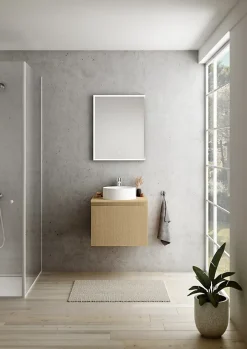 Ipiemme SRL Meuble vasque suspendu plaqué chêne miel strié l.60 cm + plan de toilette plaqué chêne miel, Pura+