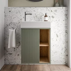 Bernstein Meuble vasque Vert Jade mat de salle de bain 55x24x59cm (LxPxH) 1 porte à gauche + 2 cases rangement - BELDIVO* Lave-Mains