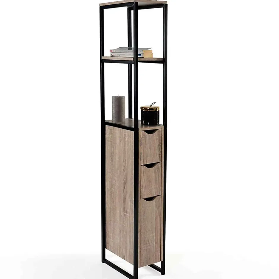 IDMarket Meuble WC 3 portes DETROIT design industriel avec étagères* Meuble De Salle De Bains Faible Profondeur|Meuble Wc