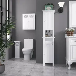 kleankin Meuble WC armoire toilette - porte, support papier - dim. 21L x 17l x 66H cm - blanc* Meuble Wc