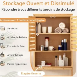 Giantex Meuble WC Au Dessus des Toilettes Etagère Haute avec Portes à Persiennes Meuble de Salle de Bain en Bambou* Meuble Wc