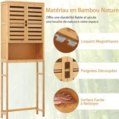 Giantex Meuble WC Au Dessus des Toilettes Etagère Haute avec Portes à Persiennes Meuble de Salle de Bain en Bambou* Meuble Wc