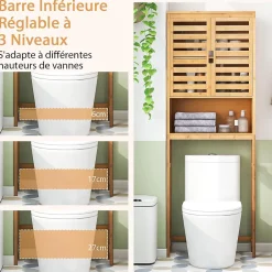 Giantex Meuble WC Au Dessus des Toilettes Etagère Haute avec Portes à Persiennes Meuble de Salle de Bain en Bambou* Meuble Wc