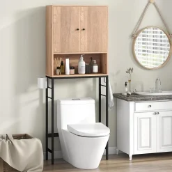 Giantex Meuble WC Au Dessus des Toilettes Meuble de Salle De Bain avec Armoire à Double Porte Compartiment Ouvert Naturel