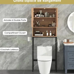 Giantex Meuble WC Au Dessus des Toilettes Meuble de Salle De Bain avec Armoire à Double Porte Compartiment Ouvert Naturel