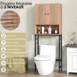 Giantex Meuble WC Au Dessus des Toilettes Meuble de Salle De Bain avec Armoire à Double Porte Compartiment Ouvert Naturel